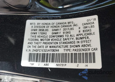 2018 Honda Civic Si from USA, damaged, VIN 2HGFC1E52JH708244